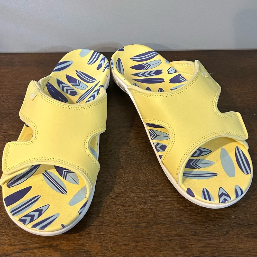 Spenco Orthotic Slide Sandals Kholo Beach Yellow with Surfboard Design Size 10 B